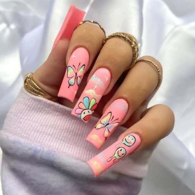 China 24Pcs/Box Long Coffin Fake Nails Ballerina Easy Use Art Tips Pink Flower Designs Full Cover Artificial Nails Press On Nail for sale