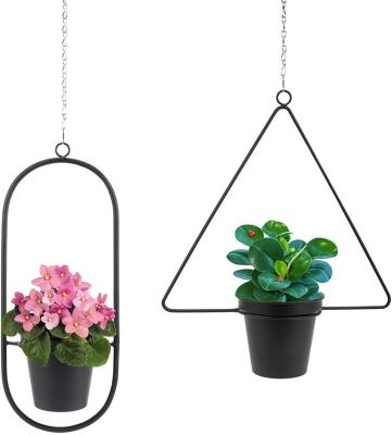 China Large Capacity Boho Hanging Planter, Set of 2 Metal Plant Hanger with Pots, Mid Century Flower Potted Plant Holder in Triangle and Oval Shape for sale