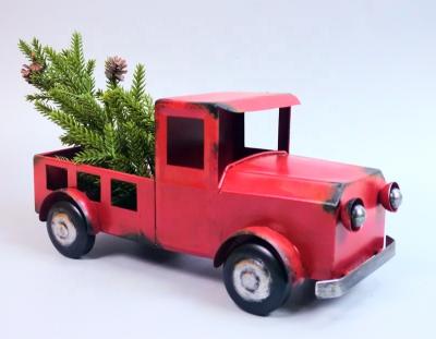 China Red Hand Painted Vintage Pickup Truck Metal Statue Handcrafted for sale