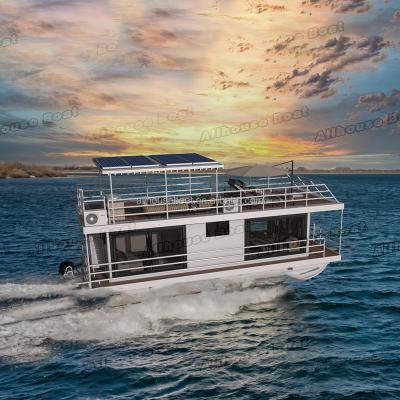 China Allhouse Modern Aluminum Hull Floating Home Lake Party Pontoon Inshore Barges With Outboards Engines For Sale for sale