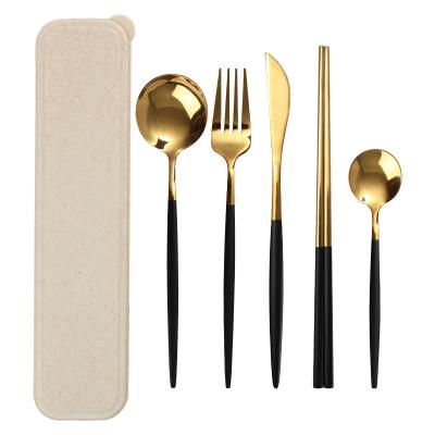 China Viable Wholesale 5pcs Flatware Set With Box 18/8 Stainless Steel Gold Chopsticks Black Flatware Set for sale