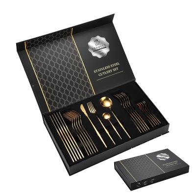 China Stocked Luxury Gold Color Flatware Set 24 With Box Gold Stainless Steel Cutlery Set 24pcs for sale