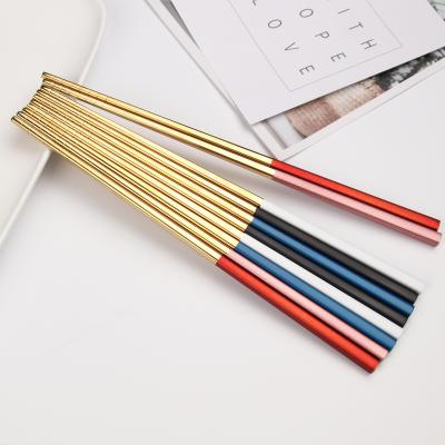 China Sustainable Premium Reusable Dishwasher Safe Lightweight Square Stainless Steel Handle 5 Pair Metal Chopsticks for sale