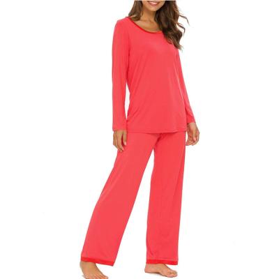 China QUICK DRY high quality comfortable solid knitted plain women's pajamas round neck dyed sets long for sale