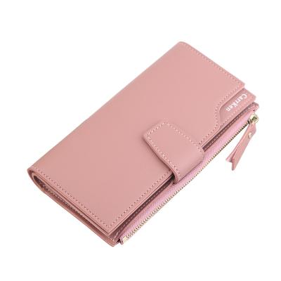 China Waterproof Women's Long Wallet Multi-Card Pocket Buckle Coin Purse Zipper Triple Card Holder Mobile Phone Soft Leather Money Clip for sale