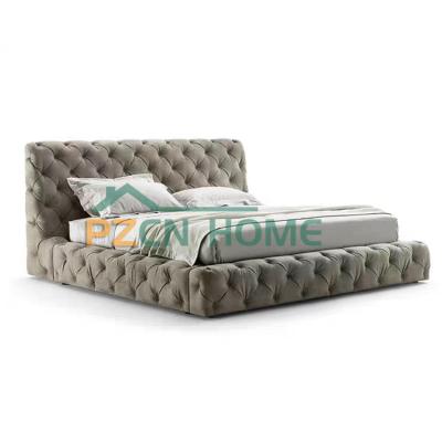 China Tufted Modern King Size Bed Frame Chesterfield Gray Velvet Fabric King Size Bed for sale