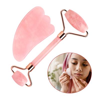 China Wholesale Cheap Rose Quartz Gua Sha Jade Roller for Blood Vessel Removal for Face Brush and Jade Roller Set for sale