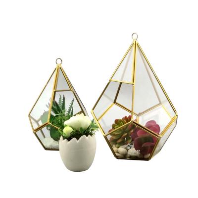 China Glass Vase Diamond Teardrop Shape Hanging Geometric Mini Table Greenhouse Durable Gold Flower Decoration for Plant for sale