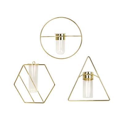 China Modern Hanging Test Tube Shaped Geometric Gold Metal Wall Flower Vase For Home Decoration for sale