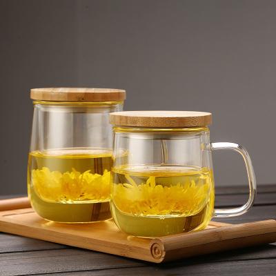 China Country Custom High Borosilicate Tea Infuser Glass Tea Separable Glass Cups With Wooden Lid for sale