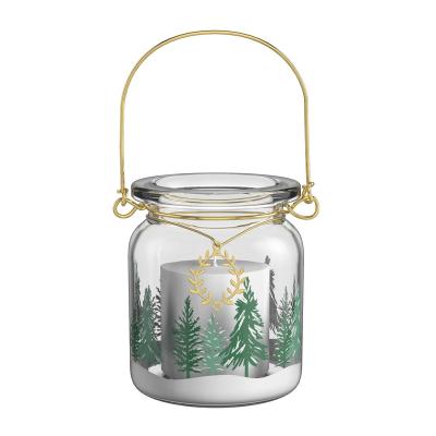 China 2020 New Product Home Decoration Mercury Christmas Tree Print Decorative Hanging Glass Candle Holder With Metal Handle for sale