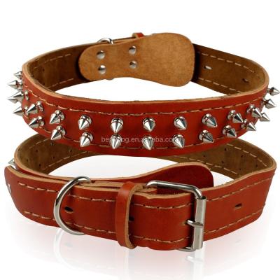 China Durable Real Leather Two Rows Studs Collar Brown Studded Genuine Leather Dog Collars for sale