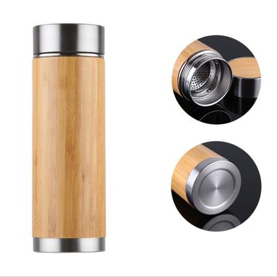 China Sustainable Leak Proof Stainless Bottom Thermos Insulated Bamboo Water Bottle With Strainer for sale