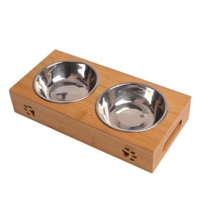 China Wooden Double Bowl Pet Cat Factory Dog Food Bowl Viable Direct Solid Wood Bowl Holder for sale