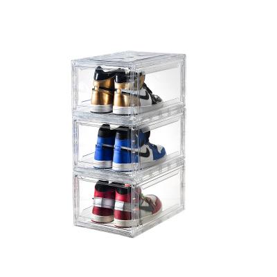 China Recycled Materials Wholesale Rectangle Stacking Transparent Portable Drop Front Organizer Plastic Shoe Box Display Foldable Shoe Tidy Container for sale