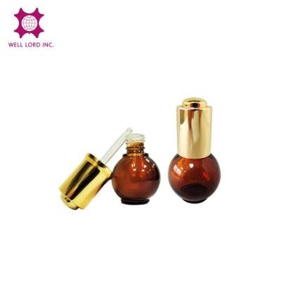 China New Design Personal Care Ball Shape Essential Oil Dropper Amber Glass Bottle for sale