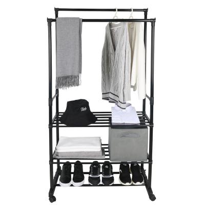 China Modern Multifunctional Clothes Hanging Rack Double Rod Garment Rack With Wheels Movable Bipolar Clothes Rack for sale