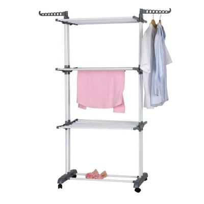 China Space Saving Collapsible Standing Balcony Rack 4 Rows Foldable Powder Coating Clothes Rack With Wheels for sale