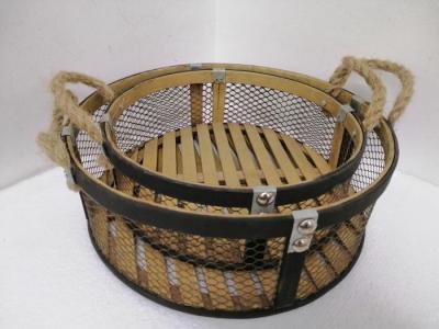 중국 12.8 Inch Bamboo And Metal Food Storage Basket With Rope Handle Tray 판매용