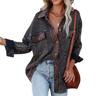 China Clothing Lapel Design Casual Street Fashion Shirt Women Sweater Coat Breathable Long Sleeve Jackets With Pocket for sale