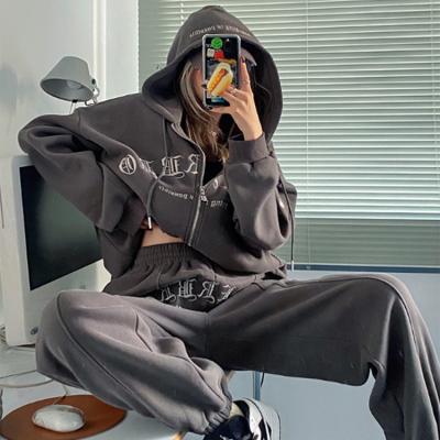 China Breathable Zipper Sweat Suits Terry Outfit Oversize Womens Loose French Hoodie And Pants 2 Piece Outfit for sale