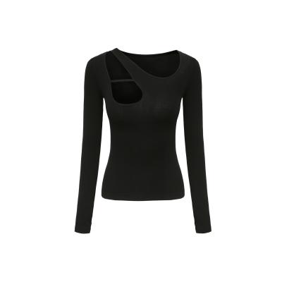 China QUICK DRY Irregular Cavity Round Neck Strapless Fashion Solid Color Slim Sleeve Pullover T-Shirt Long for sale