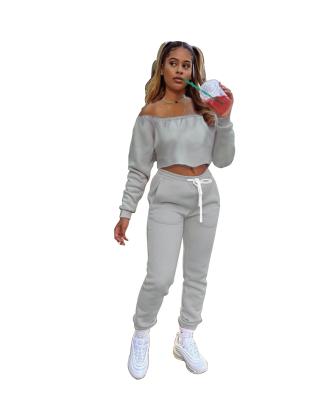 China One shoulder collar solid color more viable thicken casual ladies sport wear wom set gym sweater for sale