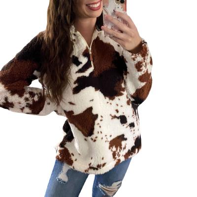 China Feminine Fashion OEM Cow Print Zipper Women's Viable Plush Custom Casual Jacket Open Knitted Sweater Lounge Wear Set for sale