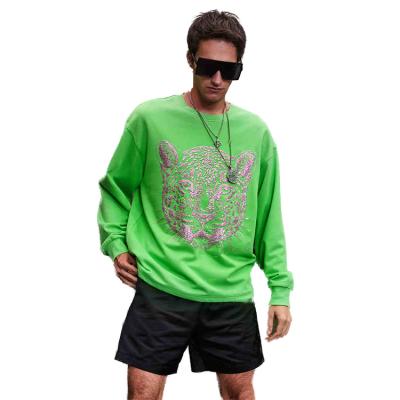 China Custom Made Lightweight Luxury Green Faux Stone Hoodie Anti-wrinkle Leopard Neck Loose Round Neck Men Sweater for sale