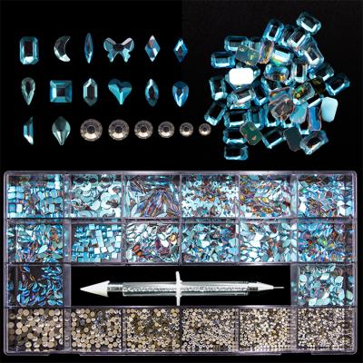 China Hot Sales Colorful Shiny Fancy 3D Rhinestone Nail Kits ab Flatback Crystal Glass Stone Mix Shape With Wax Pen for sale