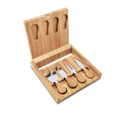 China Sustainable Bamboo Cheese Board Set Cheese Dish Board With Cutlery Set Serving Tray Includes 4 Stainless Steel Wooden Knife And Server Sets for sale