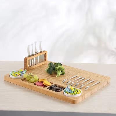 China Sustainable Kitchen Wooden Board Bamboo Charcuterie Dish Cheese Display With Knife Set Utensils for sale