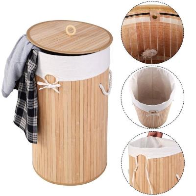 China Stocked Collapsible Bamboo Laundry Storage Hamper Basket With Removable Cover And Cotton Lining for sale