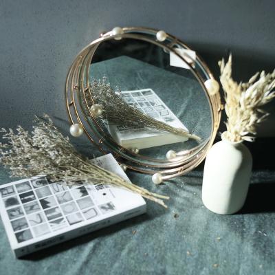 China Round Iron Vintage Pearl Mirror Tray Home Decor Tray Home Decor Metal Pallet Line for sale