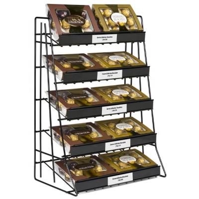 China Supermarket Promotional Metal Chocolate Customized Retail Fixtures For Chocolate 5 Tiers Wire Shelves Snacks Display Rack for sale