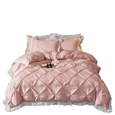 China Nondisposable European Style Luxury Silk 4 pcs Flower Style Lace Bedding Set Queen Size Stereoscopic Rose Lace Duvet Cover Set for sale