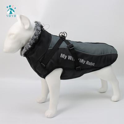 China Wholesale Reflective Fur Collar Winter Stocked Warm Dog Clothes Vest Anorak Pet Jacket Coat With Harness For Medium Large Dogs for sale