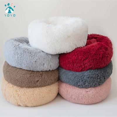 China Wholesale Price Pet Dog Bed Long Plush Pet Bed Sustainable Faux Fur Washable Cat Dog Round Plush Calming Pet Bed for sale