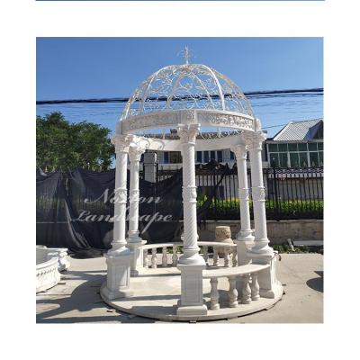 China Garden Decoration Gazebos Stone Modern Outdoor Natural Marble Hand-Carved Pattern Luxury Gazebo With Metal Roof for sale