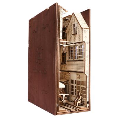 China DIY TOY Wooden Decor Bookshelf Miniature Insert Diy Props Toys With Led Ribbon City Book Light Nook for sale