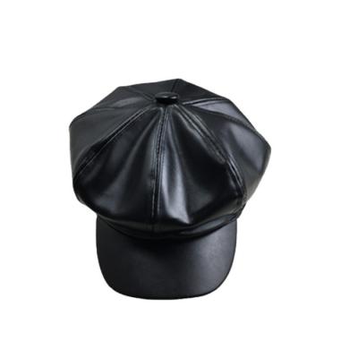 China 2022 Hot Sale Leather Black Octagonal Designer Beret For Kids Outdoo Hat Girls Child Character PU Beret Hat Wholesale Hat for sale