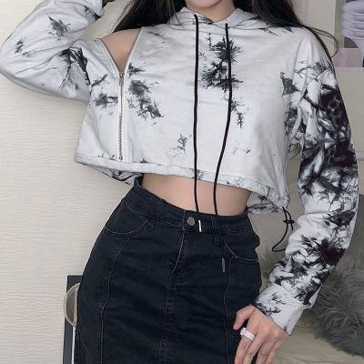 China Anti-Wrinkle Dream Tree Fantasy Shorts Running Women's Hoodies Dyed Cotton/Spandex Material Tie Dye Off Shoulder Design Crop Top Hoodie for sale