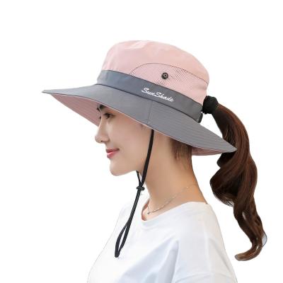 China Amazon Sun Protection Stretching Ponytail Unisex Wide Brim Sun Visor Protection Summer Top Selling UV Beach Increasing Hat Strap Hat for sale