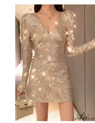 China Anti-Static Sexy Sequins Sparkle Women's V-Neckline Long Sleeve Elegant Ladies Self Culture Even Dress for sale