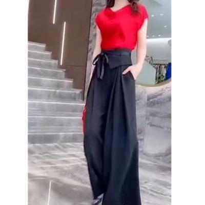 China 2022 New Viable Women Solid Lace Up Female Loose Pants Long Belted Palazzo Pants Women High Waist Wide Leg Pants for sale