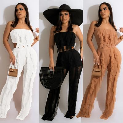 China 2022 Spring Summer New Arrival Breathable Women Sets Mesh Ruffled Wrap Sleeveless Corset Wide-leg Pants Two Piece Sets for sale