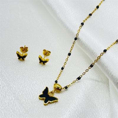 China HC New Butterfly Jewelry Set Cute Shiny Black Ladies Exquisite Stainless Steel Clavicle Necklace Set Women Gifts for sale