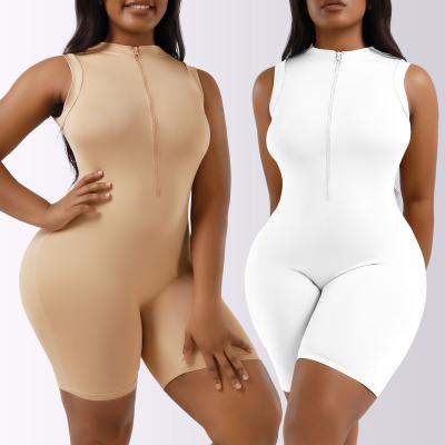 China Antibacterial Plus Size Round Neck Overalls Sleeveless Solid Color Zipper Shaping Sexy Bodycon Full Body Shapewear Jumpsuit For Women for sale