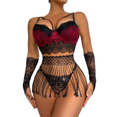 China See through elegant contrast color lace 3 piece with sleeves floral gather bra thong tassel petticoat set captivating sexy lady lingerie for sale