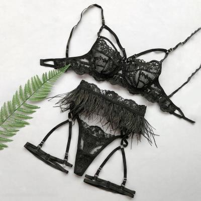 China Embroidery Scallop Semi-Sheer Intricate Criss-Cross Trim Semi-Sheer Bad Sexy Underwear Bra Garter Belt Thong Lingerie Set 3 Pieces for sale